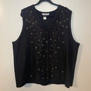 Silhouettes Vintage 100% Wool Vest Floral Embroidery Black Womens Plus Sz 2X EUC